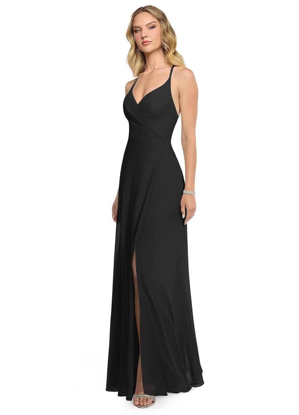 Azazie Davis Black A-Line V-Neck Chiffon Dress Size A4